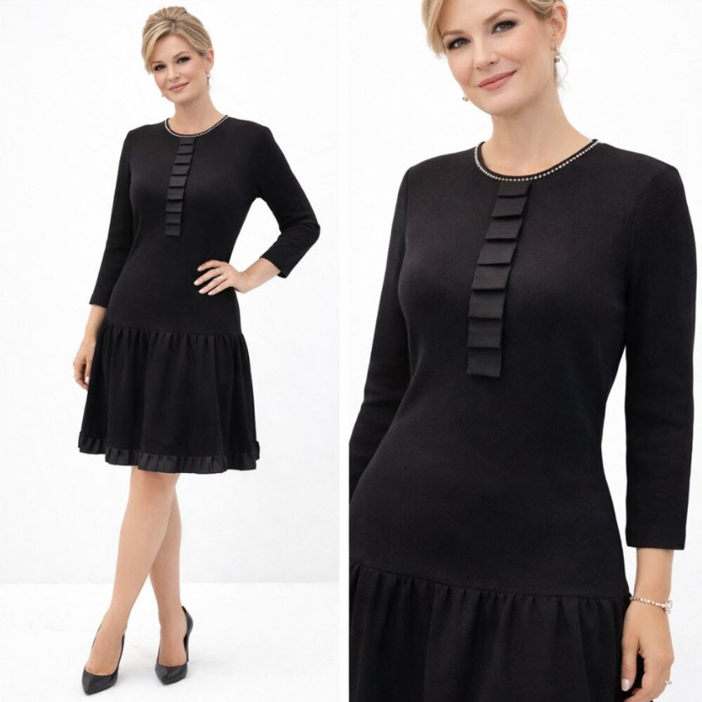 Giovannozzi Black Wool Dress made in Italy size 12 Evening Ballgown Lux